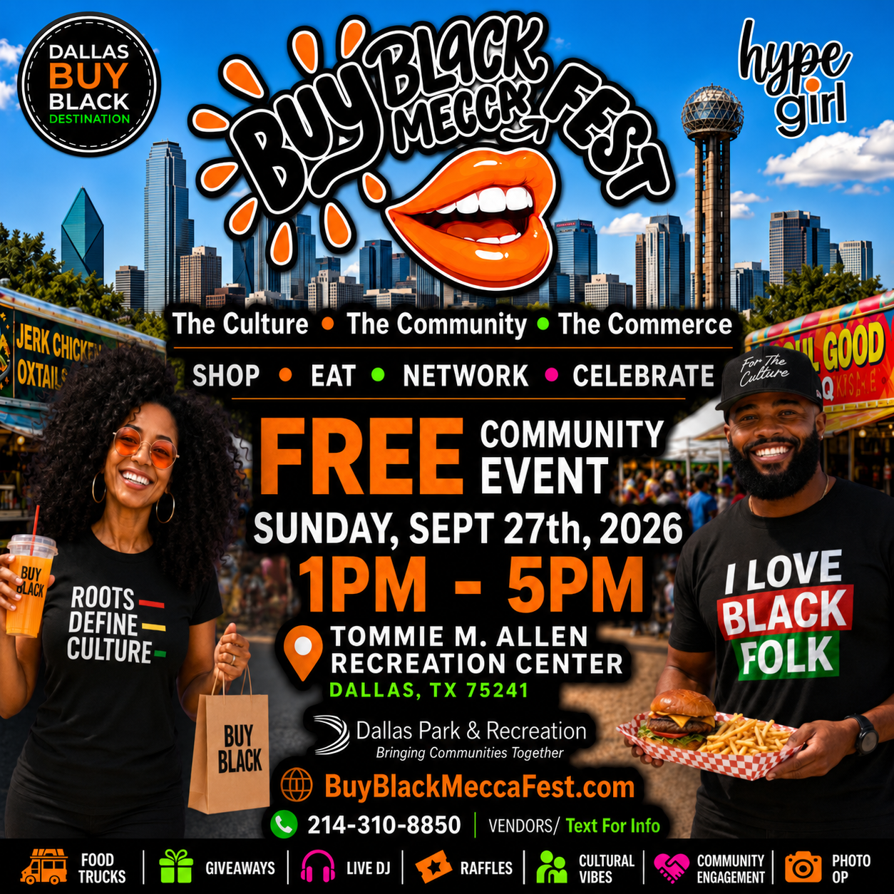 Buy Black Mecca Fest 2026 official event flyer — Sept. 27, 1PM–5PM, Tommie M. Allen Recreation Center, Dallas TX. Free admission.