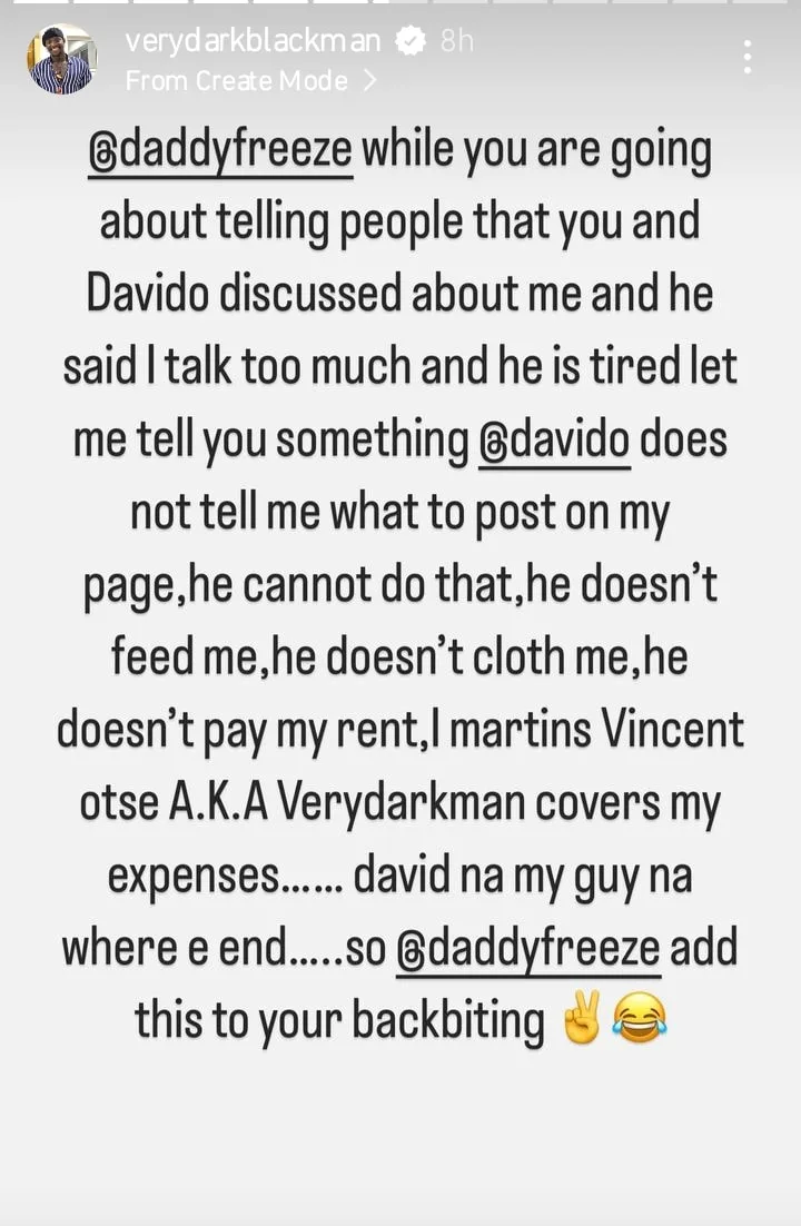 VeryDarkMan Slams Daddy Freeze for False Claims About Davidos Displeasure with His Posts