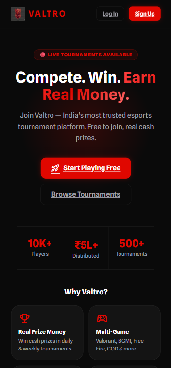 Valtro a gaming tournament site made by synor