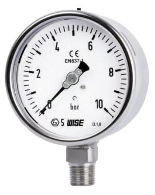 韓国 ワイズ (WISE Control) P252 測定範囲 0〜10 bar 100mm (4インチ) オールステンレス 工業用 圧力計 (下部取付 1/2" PT/NPT おねじ / SUS316 ブルドン管 ＆ SUS304 ケース / 保護等級 IP67 / 精度 ±1.0% / 韓国製)