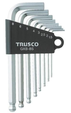 TRUSCO GXB-8S 8-Piece Ball-Point Metric Hex Key Wrench Set (1.5 - 8mm, Cr-V Steel, 25° Tilt Angle)