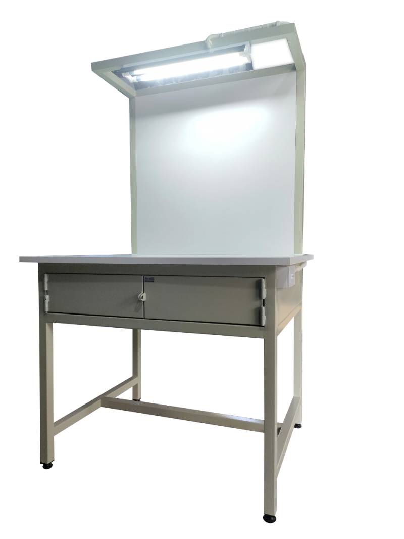 Industrial Assembly Workbench with Overhead Dual 1.2m LED Light Fixture & Lower Storage Shelf (40x40x1.2mm Frame / 18mm Melamine Top)