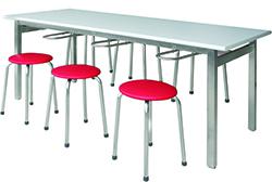 BAM6I 6-Seater Industrial Stainless Steel Canteen Dining Table with Integrated Stool Hanging Bars (18mm Melamine Top / 40x40mm Stainless Frame)