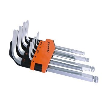 Asaki AK-0409 9-Piece Extra-Long Ball Point Hex Key Allen Wrench Set 1.5 - 10mm (Chrome Vanadium Cr-V Steel / 25° Angle Entry)