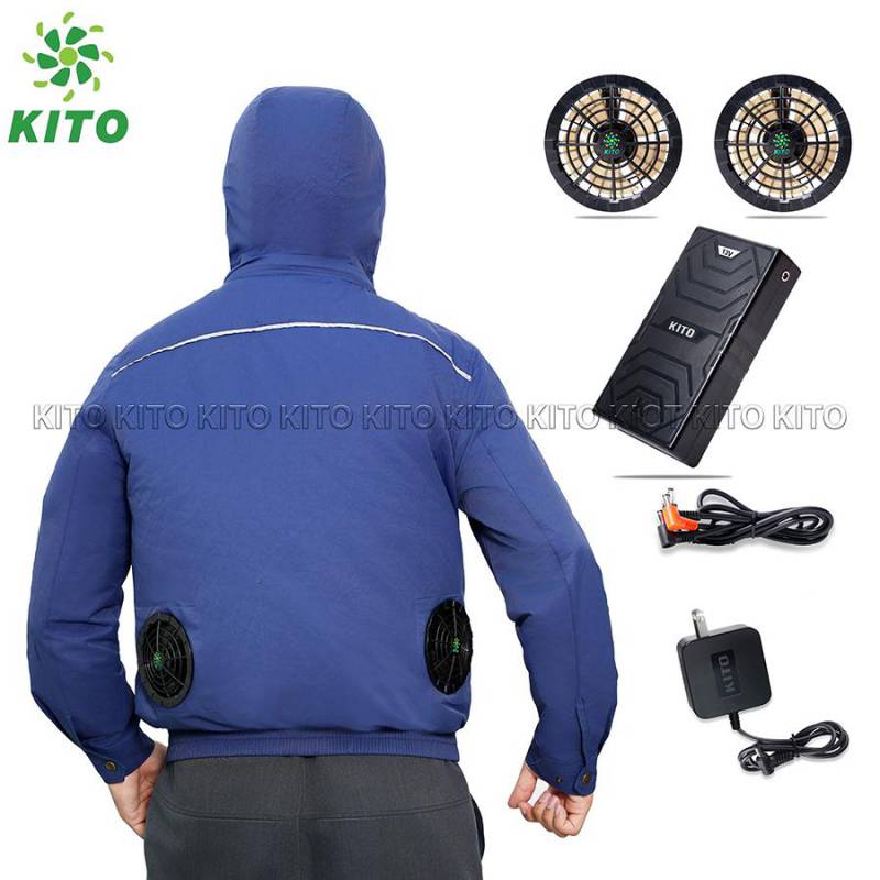 KITO Genuine Cooling Fan Work Jacket Set with Detachable Hood - Navy Blue (26,000mAh Battery / Dual 13V Brushless Fans)