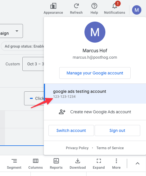 Location of the Google Ads Customer ID