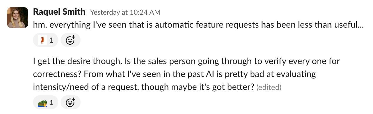 Slack message from Raquel skeptical of automated feature requests