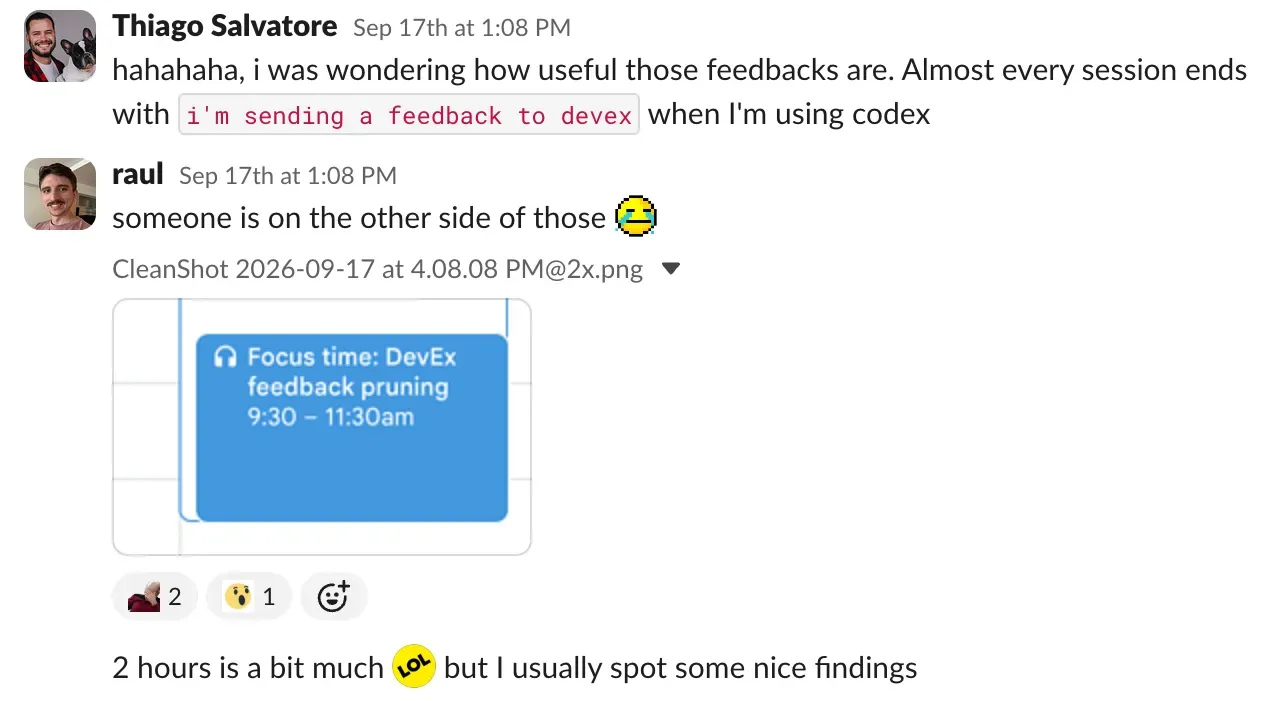 Slack thread where Raúl blocks off focus time for DevEx feedback pruning