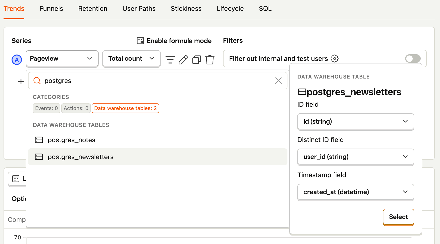 Setting up a data warehouse query in PostHog