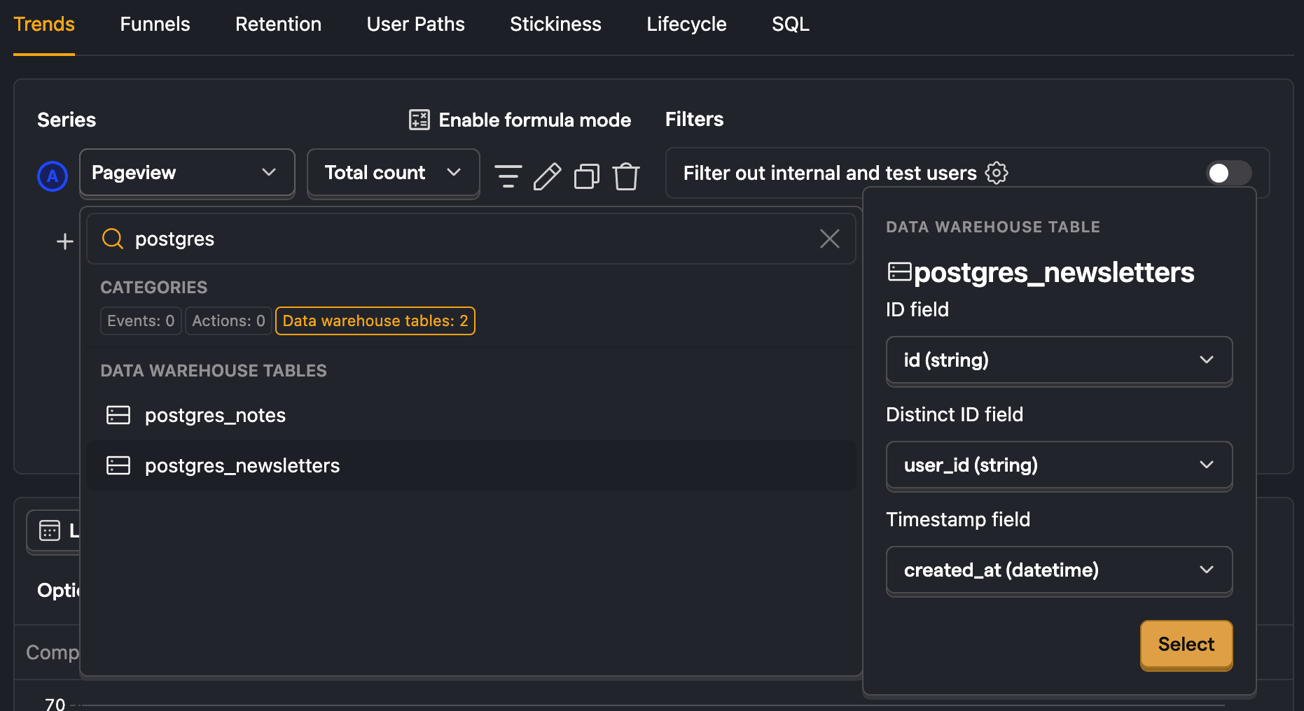 Setting up a data warehouse query in PostHog