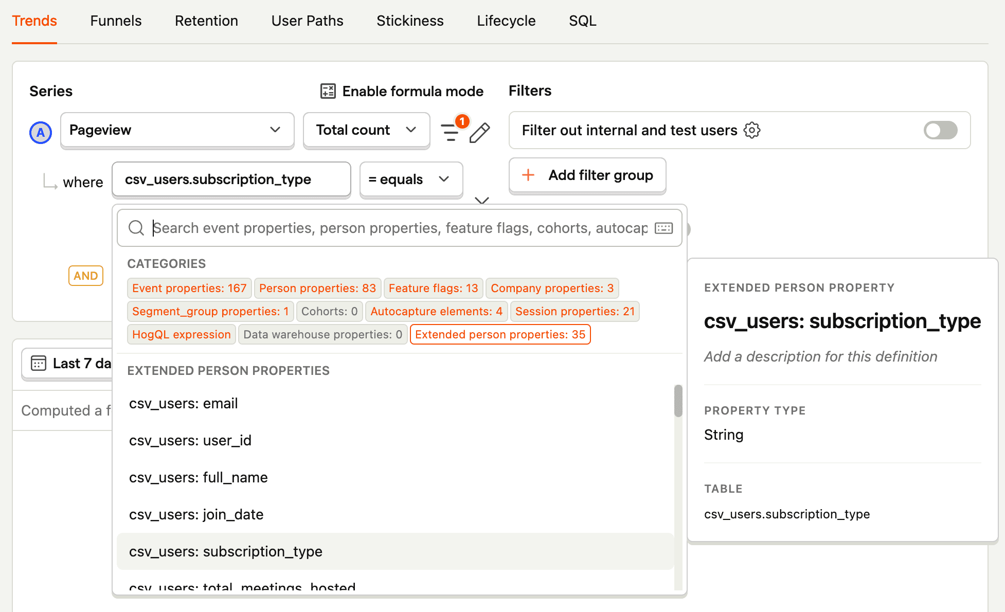 Using extended person properties from CSV data in PostHog insights