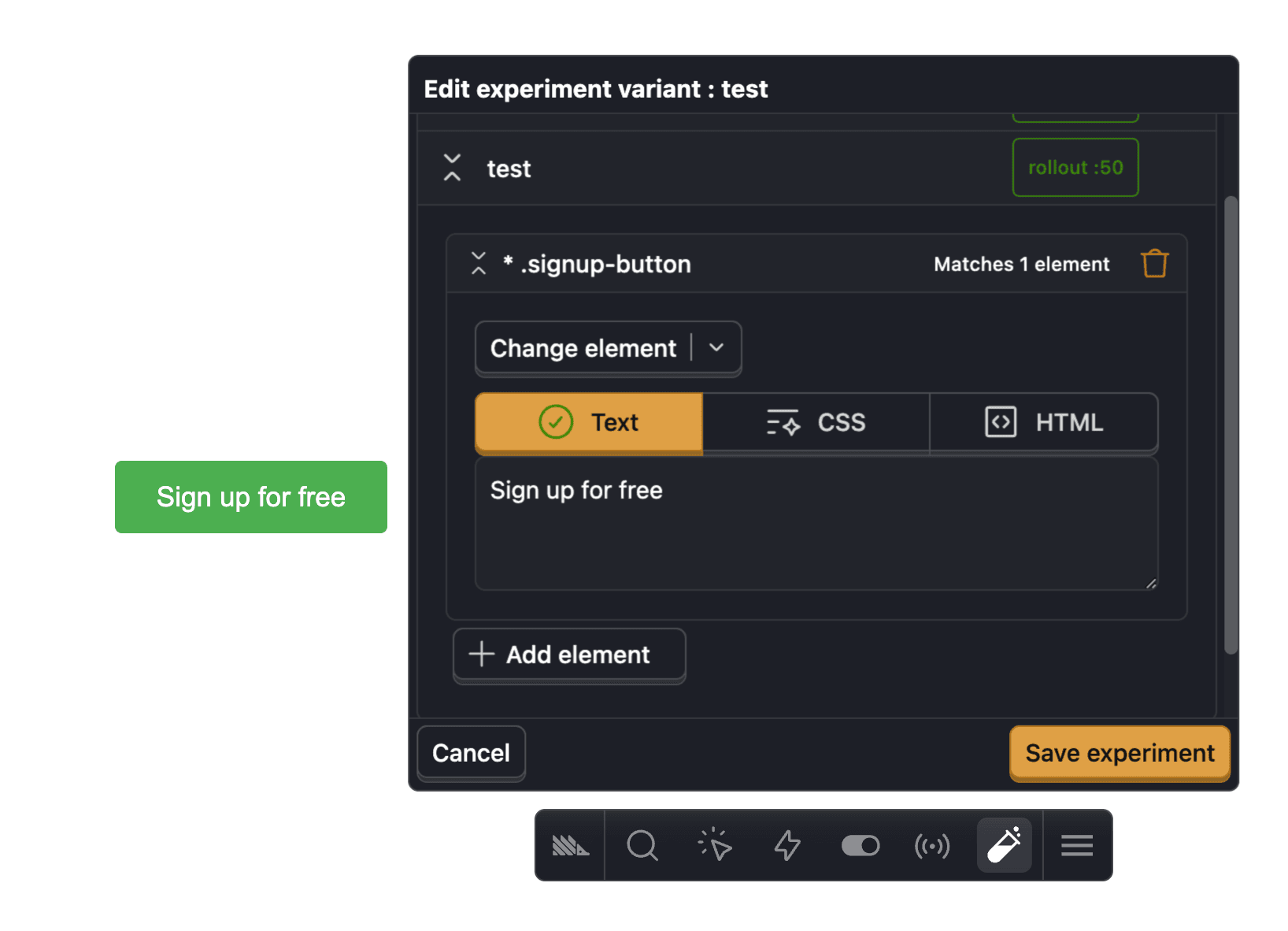 Implementing web experiments with the toolbar