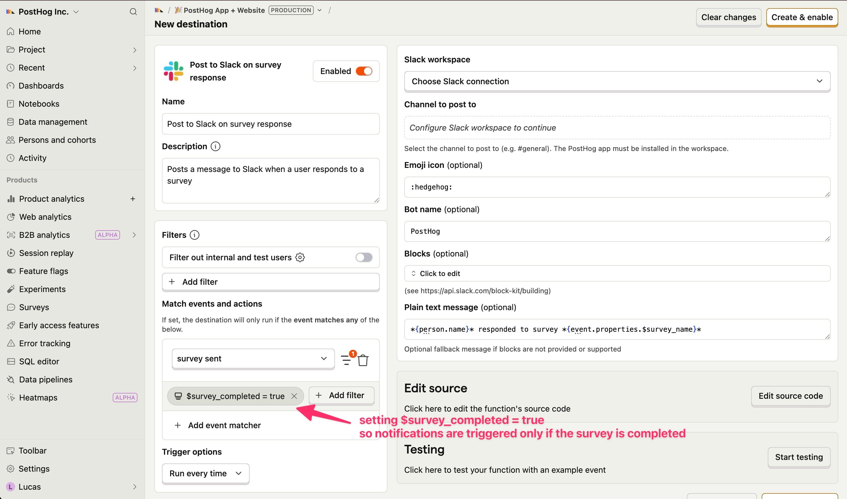 Create Slack destination