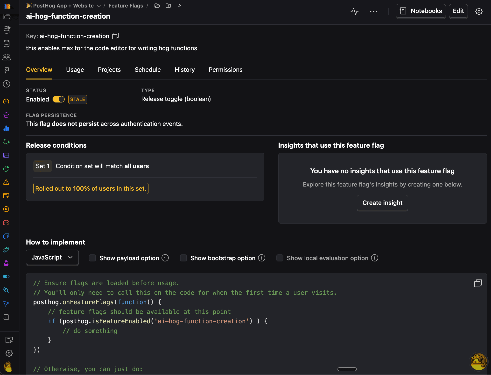 PostHog feature flags screenshot