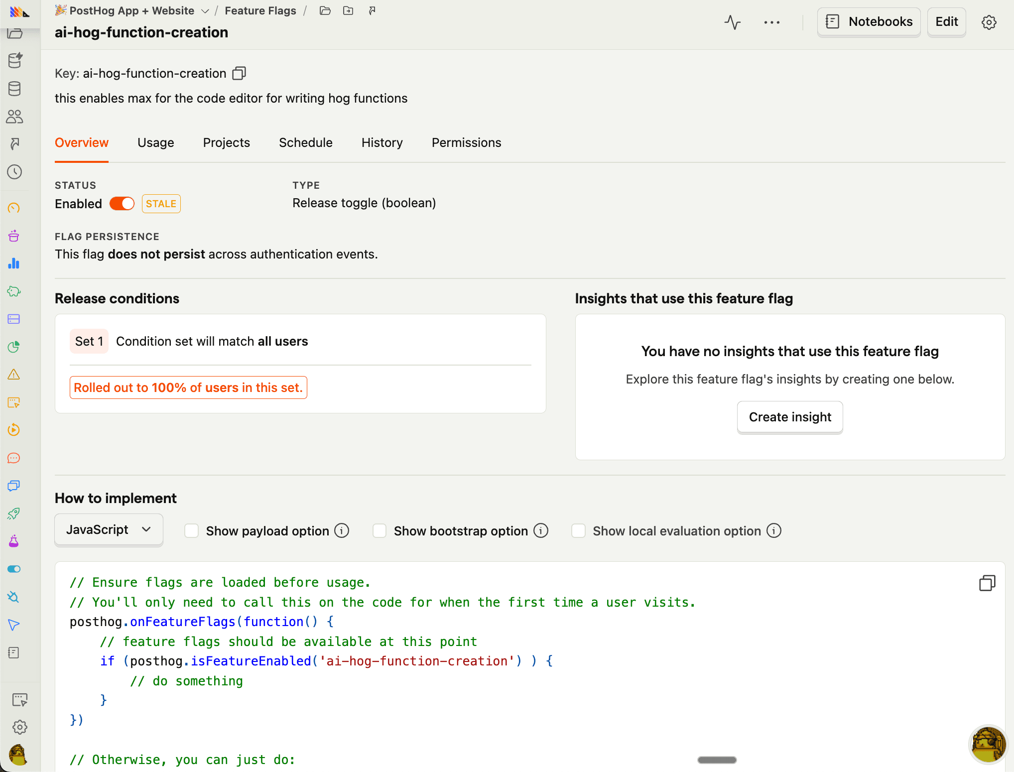 PostHog feature flags screenshot