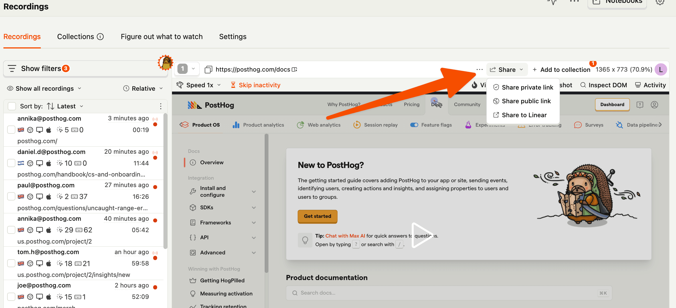 Share button on session replay
