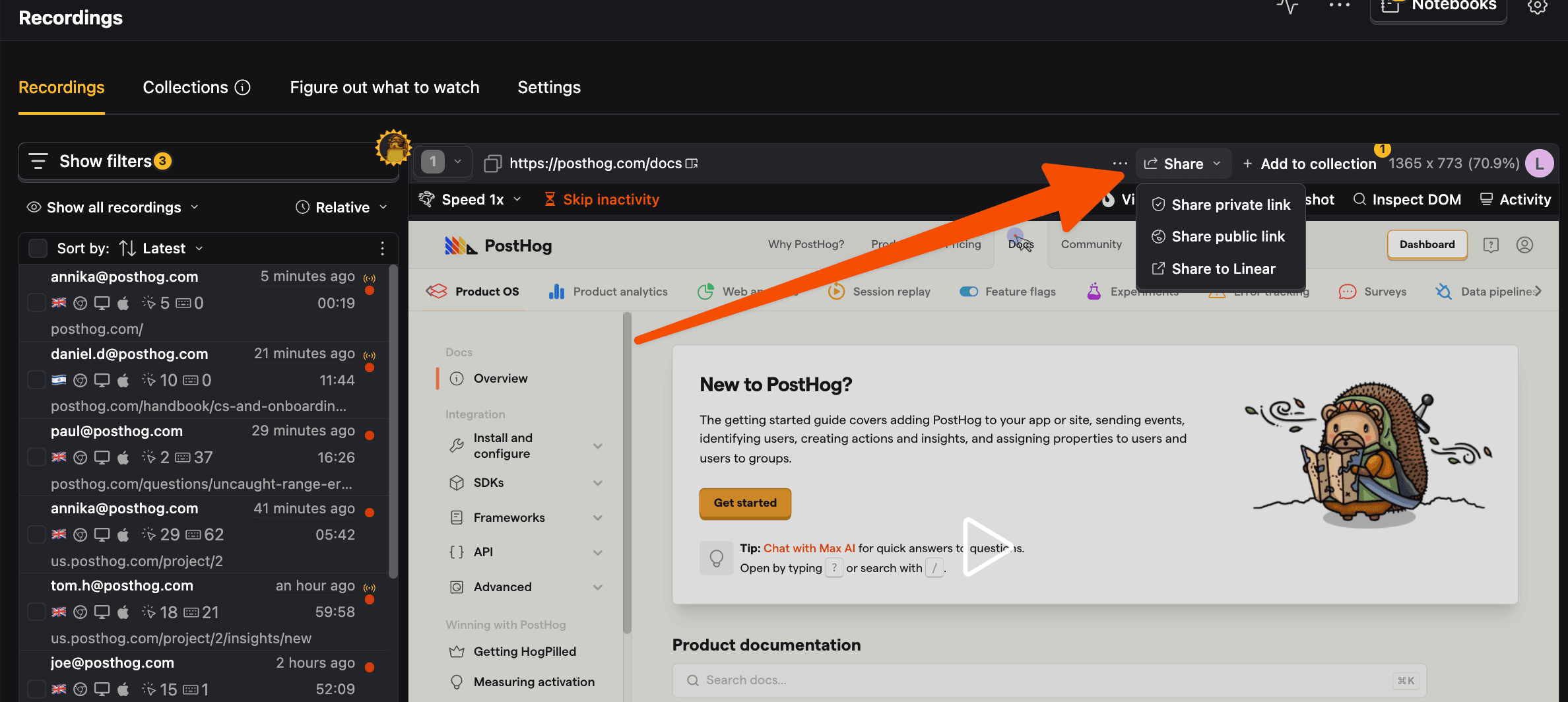 Share button on session replay