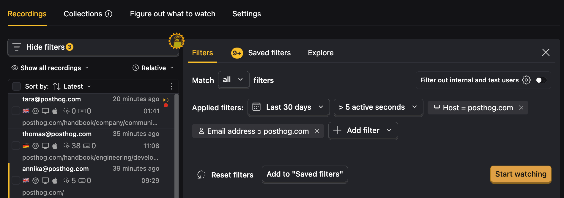 Saved filters in session replay