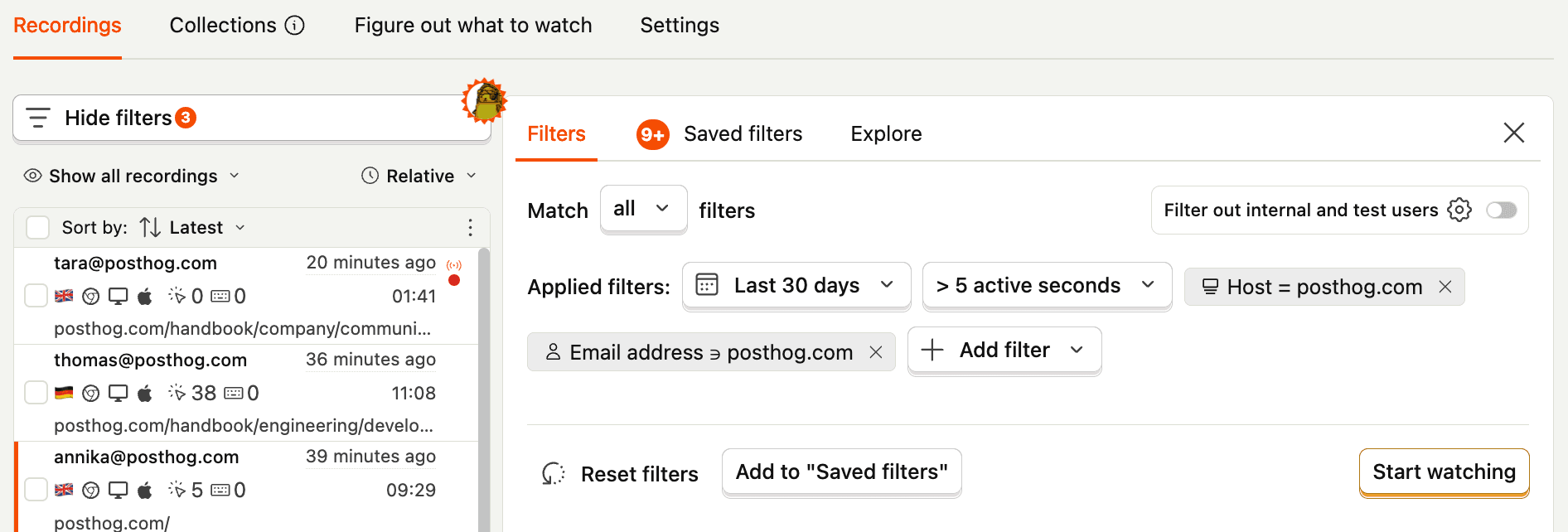 Saved filters in session replay