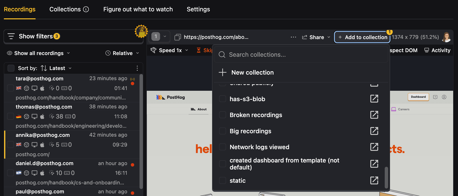 Session replay collection