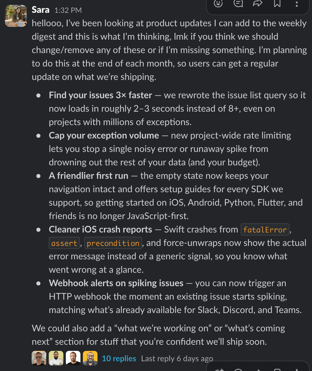 error tracking weekly digest thread