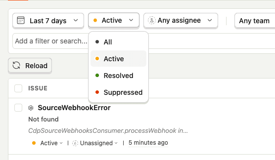 Error tracking filter by issue status