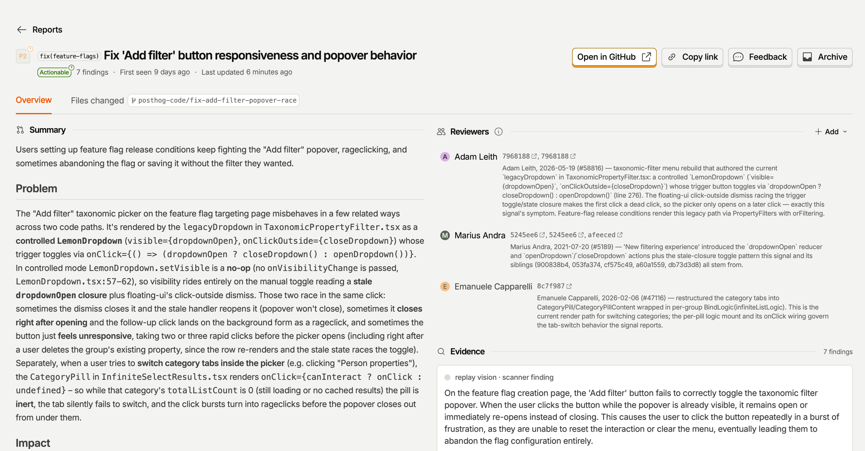 PR report in PostHog Inbox