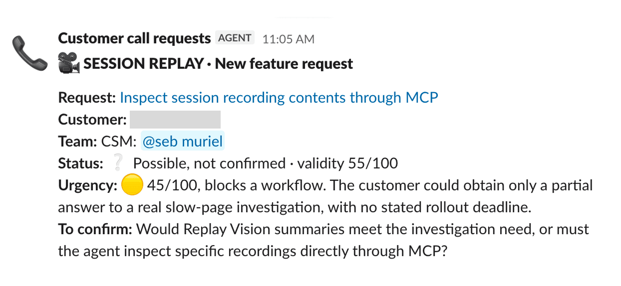 Agent-posted feature request with validity and urgency scores