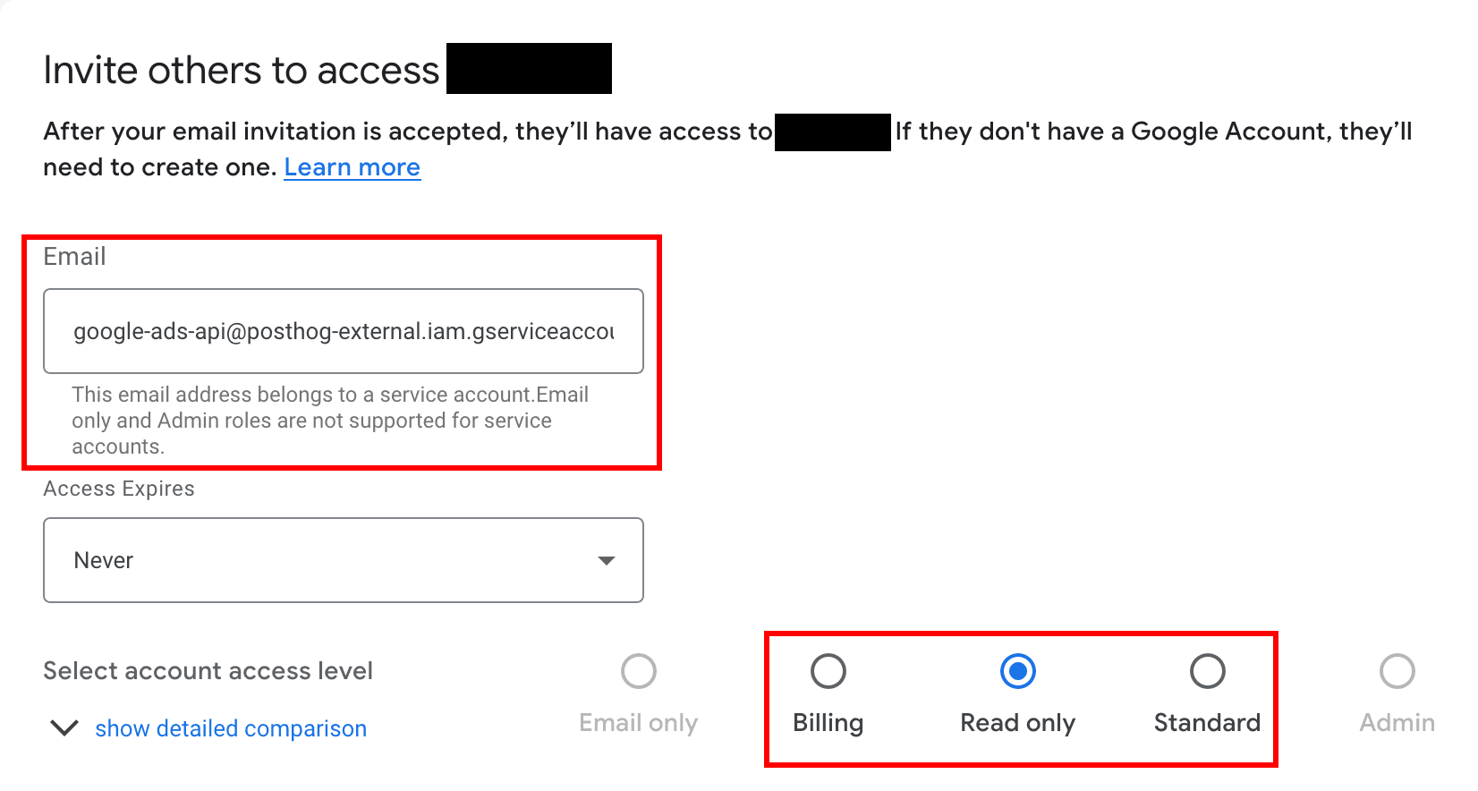 Screenshot displaying input of service account email and read only permissions selection