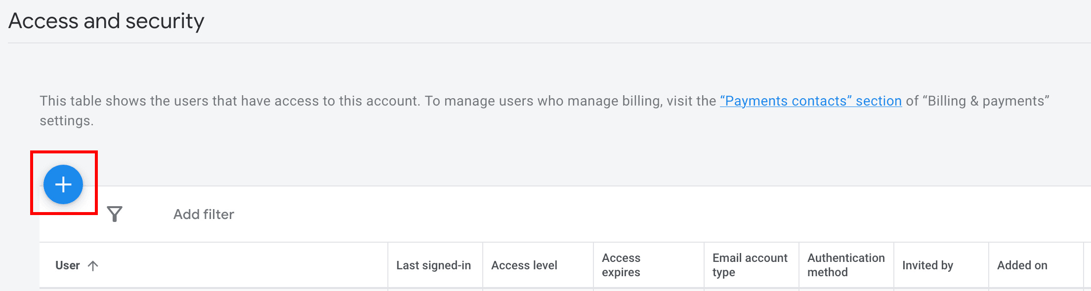 Screenshot displaying plus button in users tab