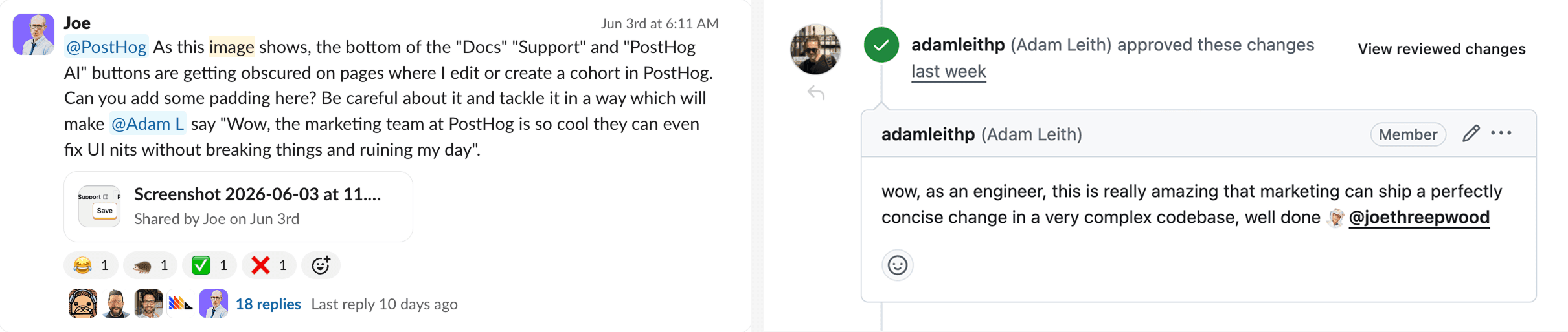 Adam praises Joe's PR shipped from Slack