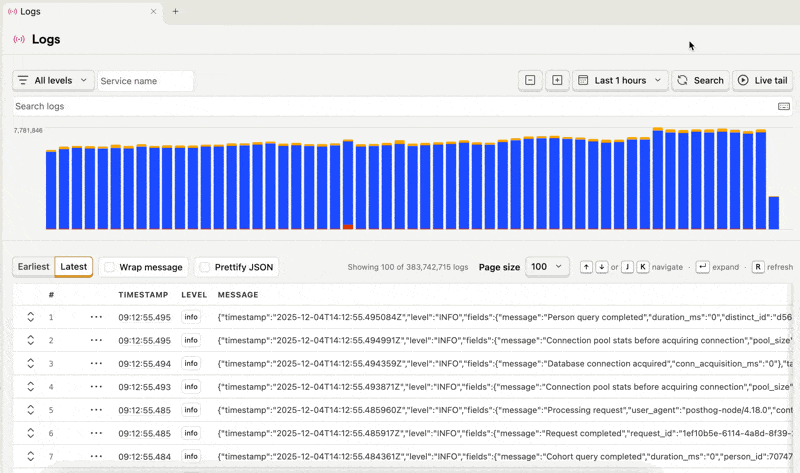 Live tail view in Logs