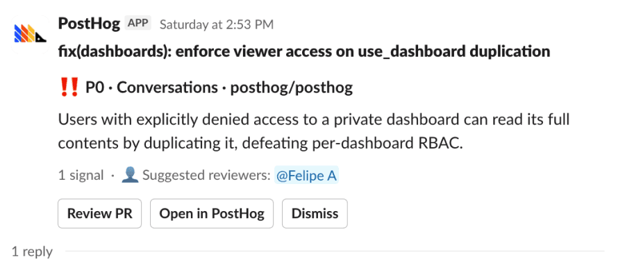 A P0 self-driving report delivered to a Slack channel