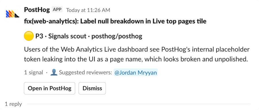 A P3 self-driving report delivered to a Slack channel
