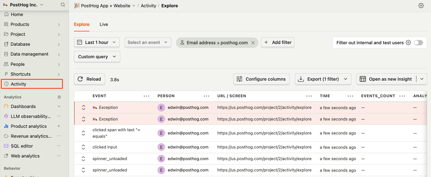 Activity feed with events