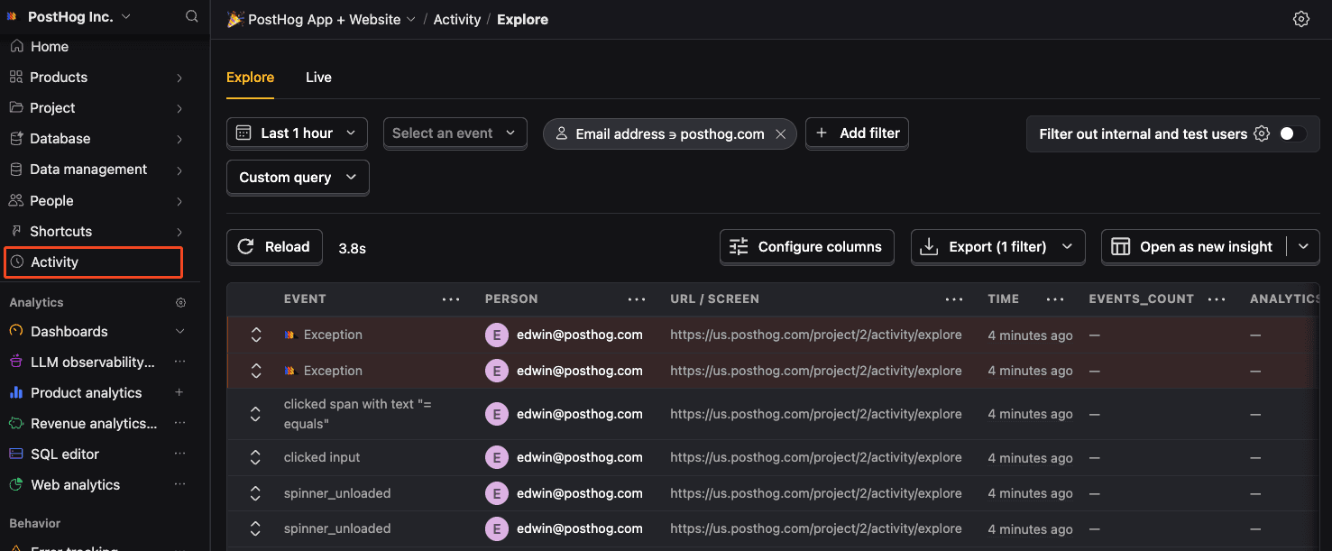Activity feed with events