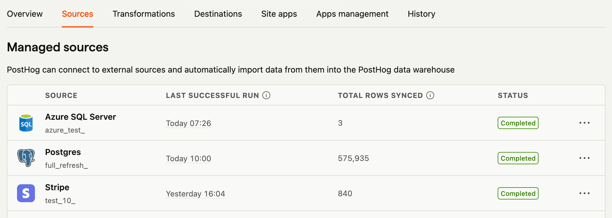 Data warehouse settings in PostHog