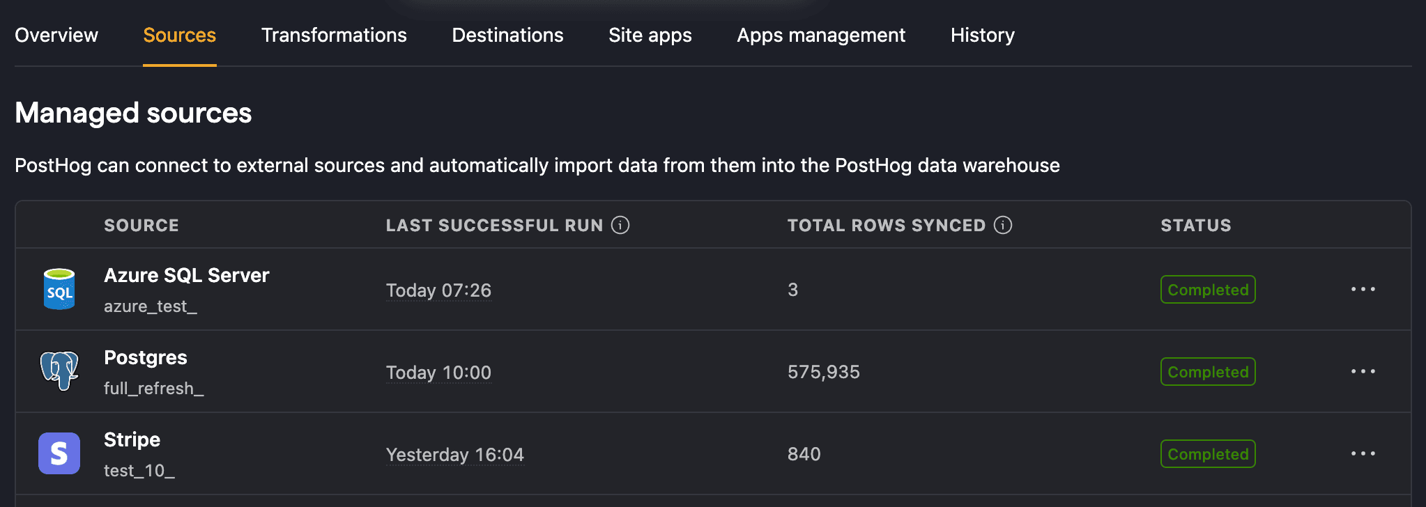 Data warehouse settings in PostHog