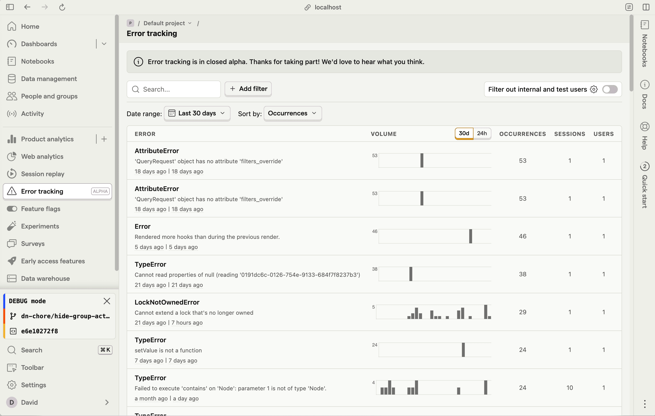 Error tracking groups