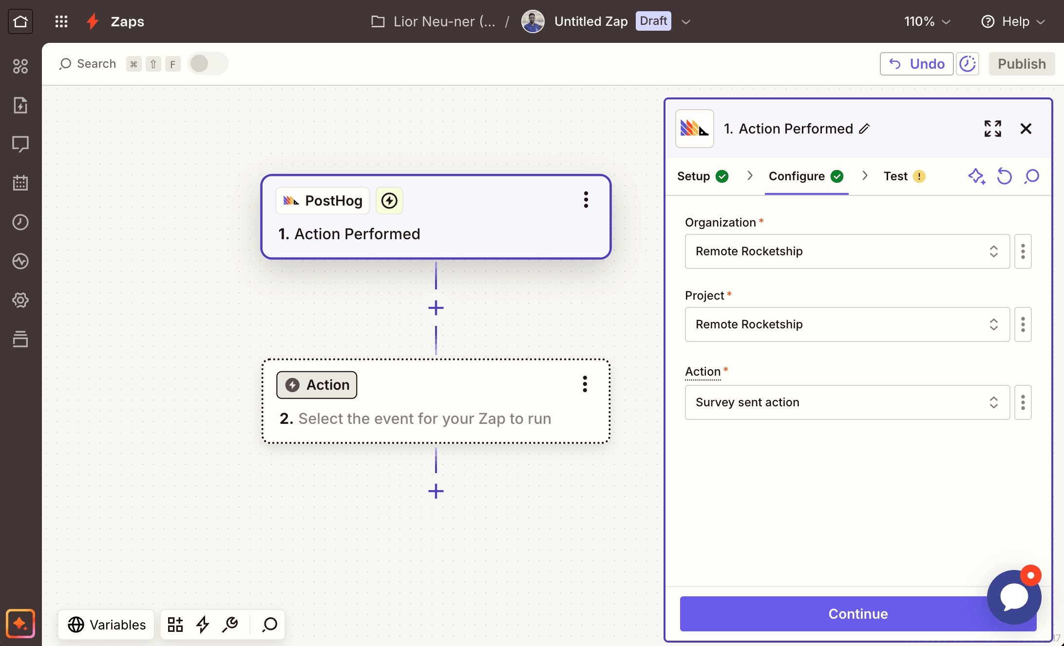 Setting up the PostHog app as a trigger in Zapier