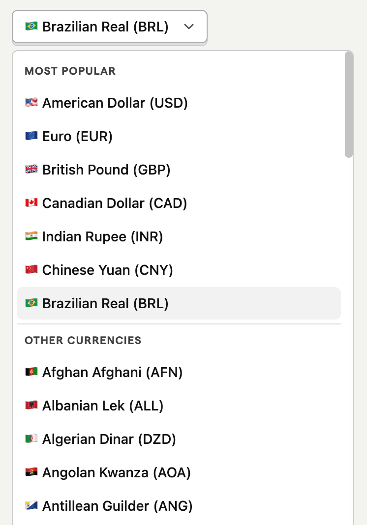 Revenue analytics currency picker