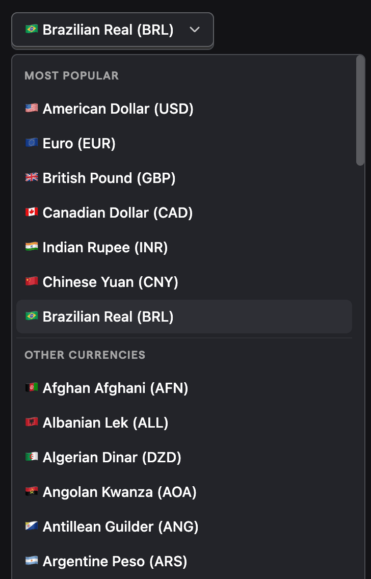 Revenue analytics currency picker