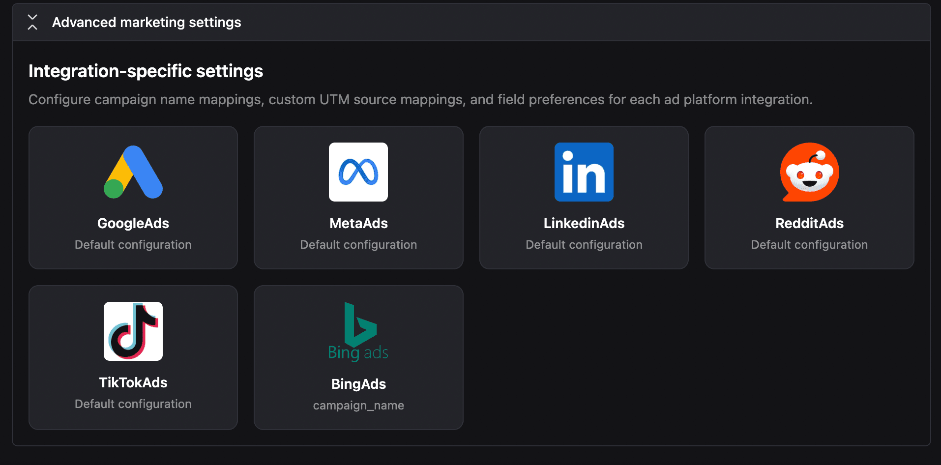 Advanced settings to map campaign data from your advertising sources to your conversion events