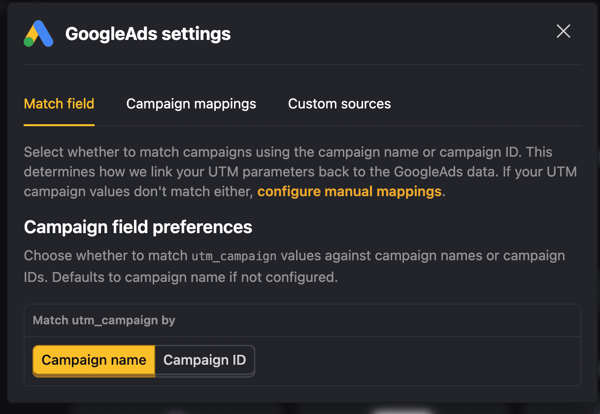 Campaign field preference settings showing options to choose between campaign name and campaign ID