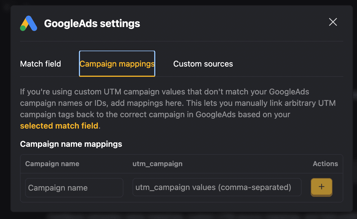 UTM campaign manual mappings interface showing custom campaign mapping configuration