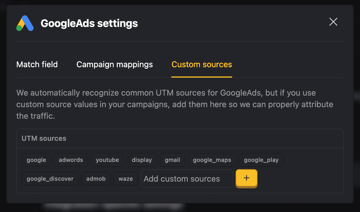 Custom source mappings showing whitelisted UTM sources per advertising platform