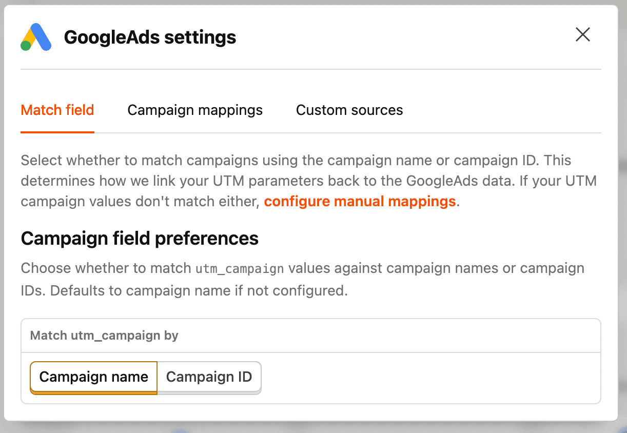 Campaign field preference settings showing options to choose between campaign name and campaign ID
