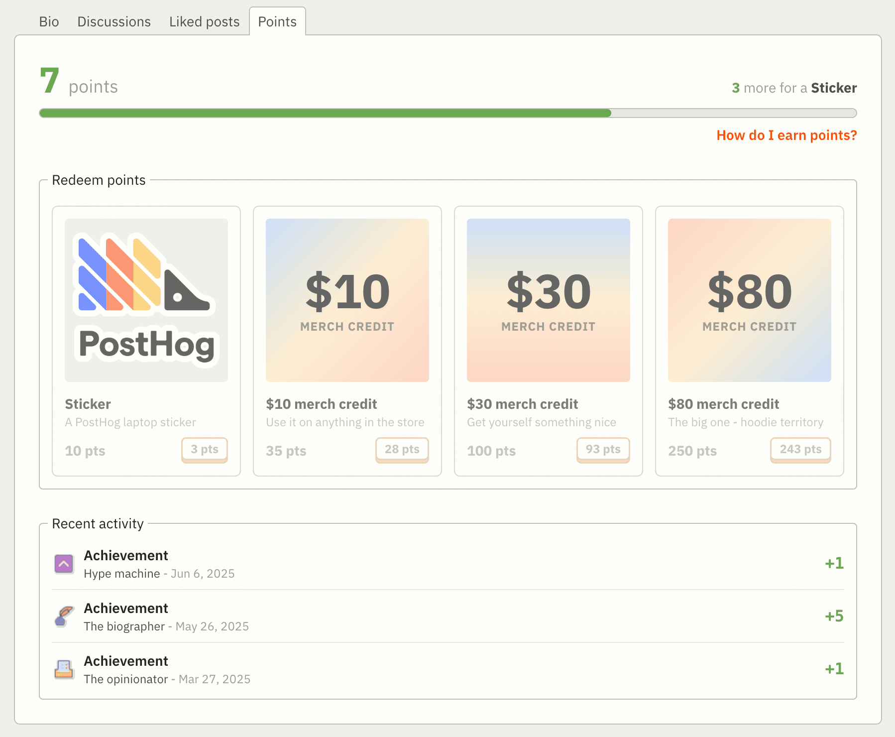 Points tab on profile