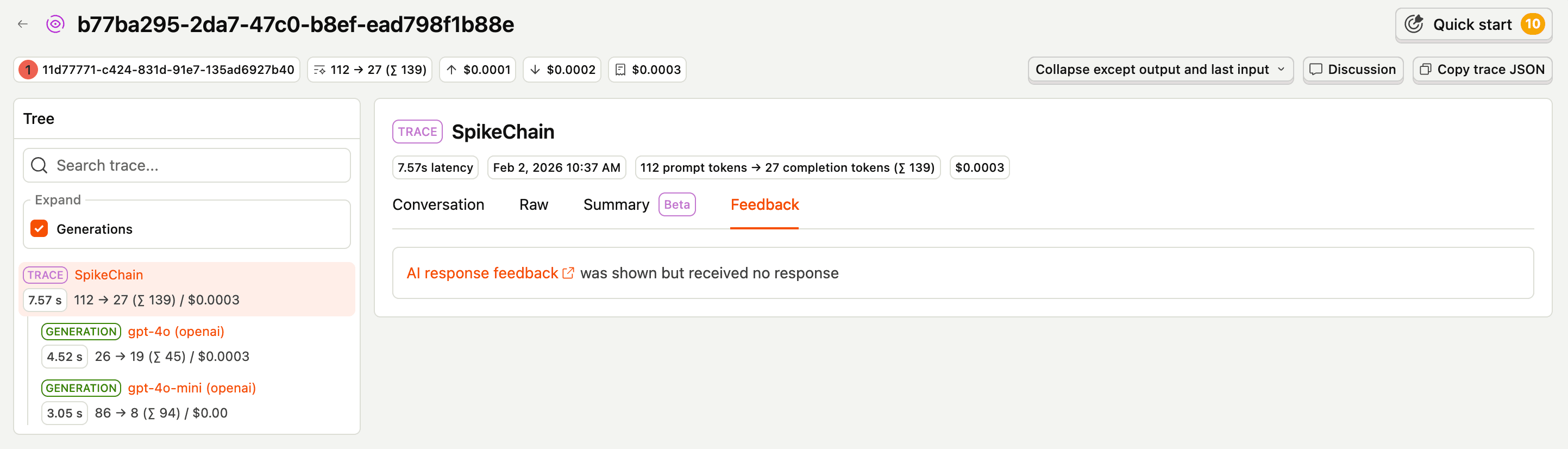 LLM trace survey impression with no response