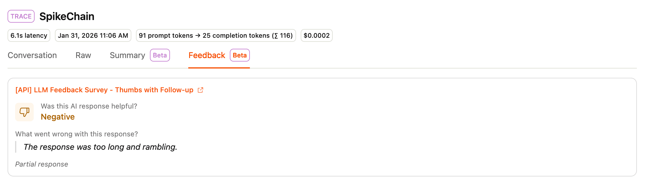 Negative feedback on trace event with followup